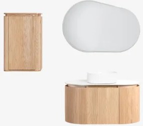 Conjunto De Móvel De Casa De Banho Suspenso 90x50 Cm Em Madeira Carsone Madeira Natural & Madeira Natural & Cerâmica Redonda Riscas - Sklum