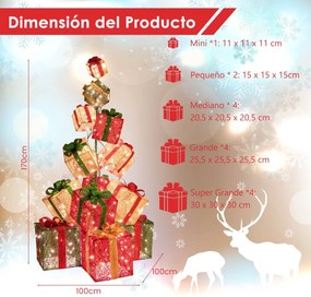 Torre de 170 cm de 15 caixas de presente iluminadas com 450 luzes brancas quentes Base em metal vermelho + azul + dourado
