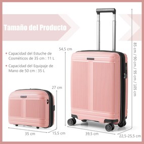 Conjunto 2 Malas de Viagem: mala de mão de 20“ e estojo cosmético de 14” com porta USB. Estrutura em PP com fechadura Rosa