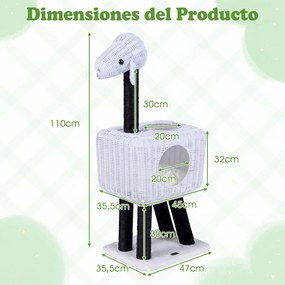 Arranhador para gatos 35,5 x 47 x 110 cm em rattan PE com postes de sisal, almofada felpuda, bola suspensa, 2 entradas, casinha em forma de cordeiro,