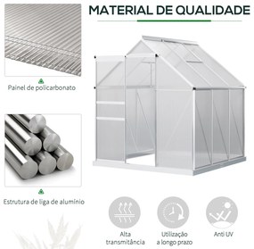 Outsunny Estufa de Jardim de Policarbonato e Alumínio Estufa de Exterior com Porta Corredeira e 2 Clarobóias para Cultivo de Plantas Sementes 190x190x200cm Transparente
