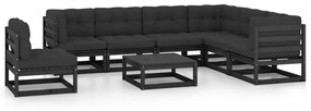vidaXL 8 pcs conjunto lounge jardim c/ almofadões pinho maciço preto