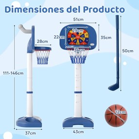 Cesto de basquetebol 4 em 1 para crianças ajustável com conjunto de aros bola adesiva branca e azul