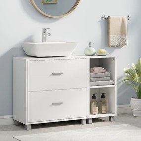 Móvel para Lavatório (NÃO INCLUIDO) de Casa de Banho com 2 Gavetas e 2 Prateleiras Abertas, para Lavatório com Pedestal, 90x30x60 cm, Branco