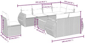 9 pcs conjunto de sofás p/ jardim com almofadões vime PE bege