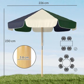 Guarda-sol de Jardim com Corda Proteção Solar UPF30+ Estilo Retrô Efeito Madeira com Babados Inclinável Ø226 cm Creme e Verde