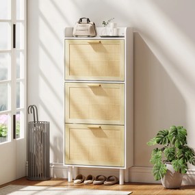 Sapateira com 3 portas basculantes e prateleira com efeito de resina trançada, estilo boémio, 65 x 24,5 x 153 cm, branco