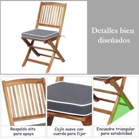Conjunto dobrável para Jardim Bistro Mesa e cadeiras de madeira dobráveis com almofadas macias para terraço jardim Cinzento e Castanho