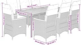 9 pcs conjunto de jantar p/ jardim c/ almofadões vime PE cinza