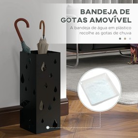 Suporte para Guarda-Chuvas com 4 Ganchos e Bandeja de Gotejamento Amovível Porta Guarda-Chuvas 15,5x15,5x41 cm Preto