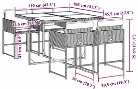 5 pcs conjunto de jantar p/ jardim c/ almofadões vime PE cinza