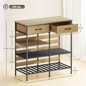 Aparador de cozinha, móvel de arrumação com 2 gavetas e 3 prateleiras abertas, 90 x 40 x 91 cm, madeira natural e preta