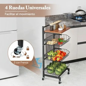 Carrinho de arrumação de cozinha de 4 níveis com rodas Altura ajustável e cestos amovíveis 40 x 31 x 88 cm Preto/castanho