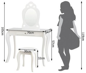 Toucador 2 em 1 com espelho e gaveta removível para meninas 70 x 34 x 105 cm branco