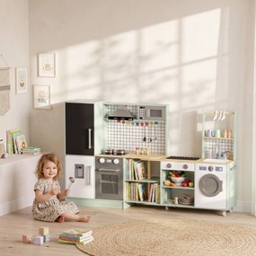 Cozinha infantil de brincar 160 x 32 x 97,5 cm, micro-ondas, forno, tabuleiro giratório com Rodas, verde claro