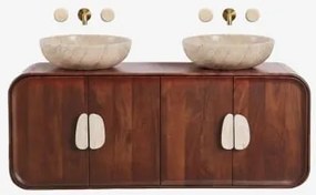 Conjunto De Móvel De Casa De Banho Dupla Suspensa 130x45 Cm Em Madeira De Manga E Pedra Natural Kivalina Travertino - Madeira De Mangueira Escura & -