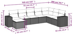 8 pcs conjunto sofás de jardim c/ almofadões vime PE cinzento
