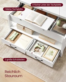 Mesa de centro com altura ajustável 50 x 100 x 49,1 cm/64,1 cm, gavetas e compartimentos Branca