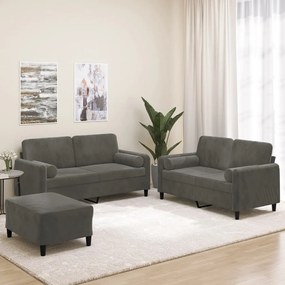 vidaXL 3pcs conjunto sofás c/ almofadas/almofadões veludo cinza-escuro