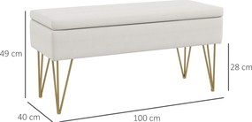 Banco com baú de arrumação 2 em 1 em tecido com pés em forma de alfinete em aço dourado 100 x 40 x 49 cm creme