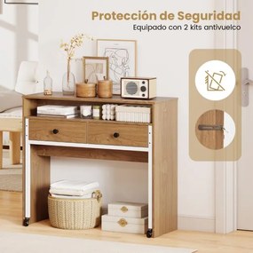 Secretária extensível, mesa pequena para computador com 2 gavetas e rodas 100 x 63 x 88 cm natural