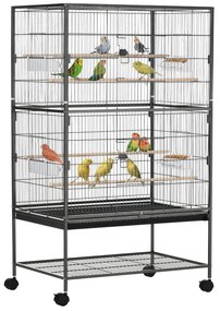 PawHut Gaiola para Pássaros Grande Cinza com Rodas 4 Portas 4 Comedouros Bandeja Amovível Prateleira de Armazenamento 78x52x132cm | Aosom Portugal