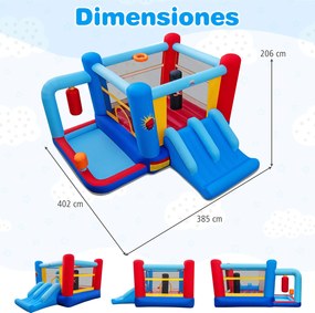 Castelo insuflável com Soprador de 550 W com sacos de boxe, piscina de bolas, cesto de basquetebol e escorregas duplos para crianças dos 3 aos 12 anos