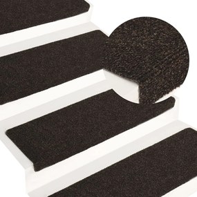 vidaXL Tapetes de escada 15pcs 65x21x4 tecido agulhado castanho escuro