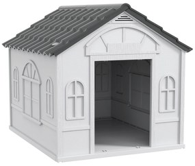 PawHut Casa para Cães 84,2x98,2x82 cm Casa para Cães com Janelas e Teto com Imitação de Telhas Casota para Cães Cinza | Aosom Portugal