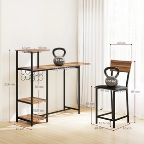Conjunto de Mesa e Bancos de Bar Mesa Alta de Cozinha com 2 Bancos Laterais Rebatíveis Suporte para Vinhos e Prateleiras Castanho e Preto