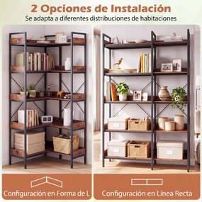 Estante de Canto com 5 Níveis, 113 x 30 x 167 cm, Montagem em L ou em Linha Reta, Castanho+Preto