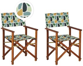 Conjunto 2 cadeiras de jardim madeira escura e 2 lonas creme e padrão geométrico CINE Beliani