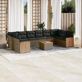 11 pcs conjunto sofás de jardim c/ almofadões vime PE cinzento
