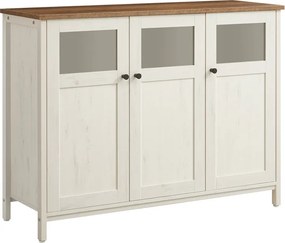 Aparador, Armário de cozinha 35 x 100 x 75 cm com portas de vidro em castanho mel e branco vintage