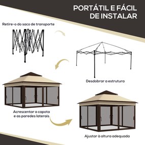 Tenda Dobrável 3,26x3,26x2,72 m com Altura Ajustável 4 Painéis de Malha Proteção UV30+ e Bolsa de Transporte Bege, café e preto