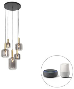 LED Candeeiro suspenso inteligente preto e dourado com vidro fumê incluindo 5 WiFi A60 - Zuzanna Moderno