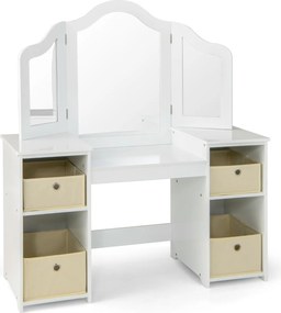 Toucador Princesa para crianças com 4 prateleiras grandes e espelho de plástico com 3 painéis Carga 100 kg 107 x 40 x 117 cm Branco