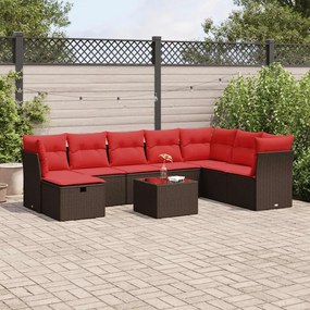 9 pcs conjunto sofás p/ jardim c/ almofadões vime PE castanho