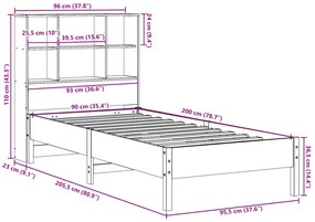 Cama com estante sem colchão 90x200cm pinho maciço castanho-mel