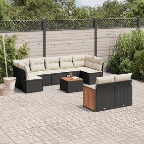 10 pcs conjunto sofás de jardim c/ almofadões vime PE preto