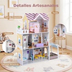 Casa de bonecas de madeira 102 x 34 x 120,5 cm com 3 andares para crianças a partir de 3 anos, com varanda, jardim, 16 acessórios, móveis, rosa