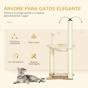 Árvore Arranhador para Gatos com Rede Postes de Sisal Altura 90cm Torre para Gatos com Bolas Suspensas Giratórias e Múltiplos Jogos 53,5x53,5x90cm Beg