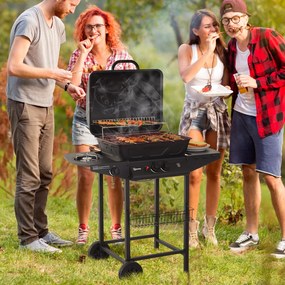 Outsunny Gas BBQ Picnic Camping Grill Churrasco para churrasco Queimador a Gás Exterior com 2 Queimadores Ajustáveis com Mesa Auxiliar e Rodas