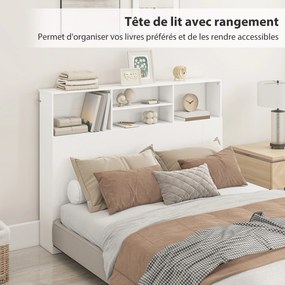 Cabeceira com pés e arrumação, acessório de cama com 4 compartimentos abertos, 140 x 19 x 103,5 cm, branco