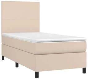 Cama box spring c/ colchão/LED 80x200cm couro artif. cappuccino