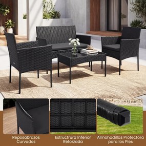 Conjunto de jardim em rattan de 4 peças, com 2 poltronas, sofá de 2 lugares, mesa auxiliar e almofadas de espuma, para alpendre, pátio ou terraço, Pre