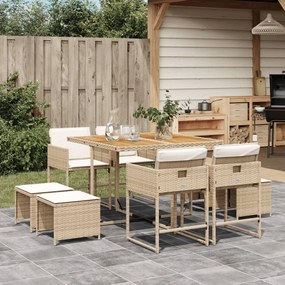 9 pcs conjunto de jantar p/ jardim com almofadões vime PE bege