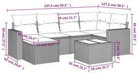 7 pcs conjunto de sofás jardim c/ almofadões vime PE castanho