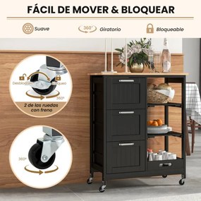 Carrinho de ilha de cozinha com tampa de madeira 3 gavetas de arrumação 2 Estantes e tabuleiro 67 x 37 x 83,5 cm Preto