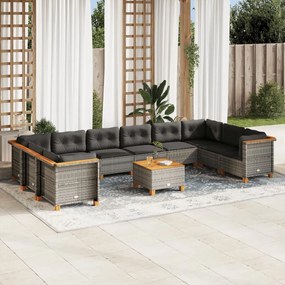 11 pcs conjunto sofás de jardim c/ almofadões vime PE cinzento